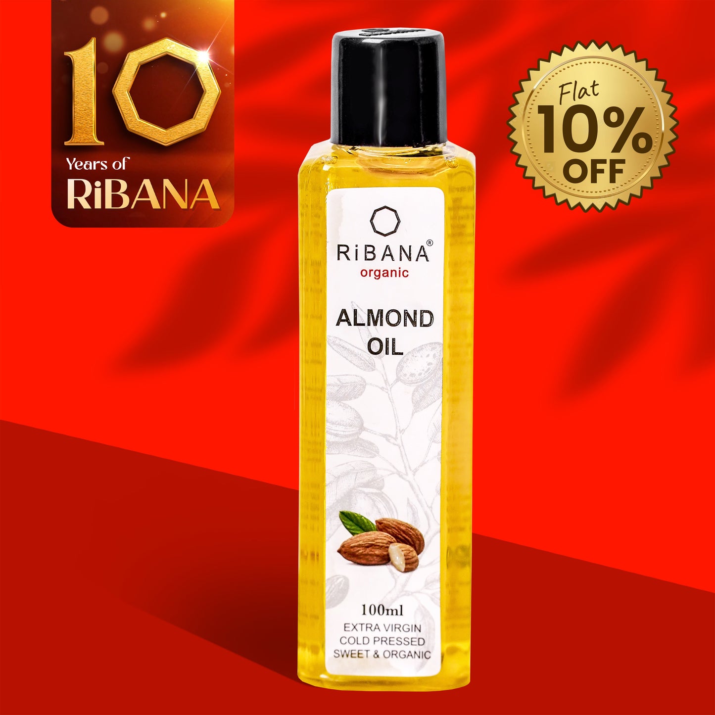 RiBANA Organic Almond Oil 100ml bottle for skin and hair care with 10% off badge on red background
