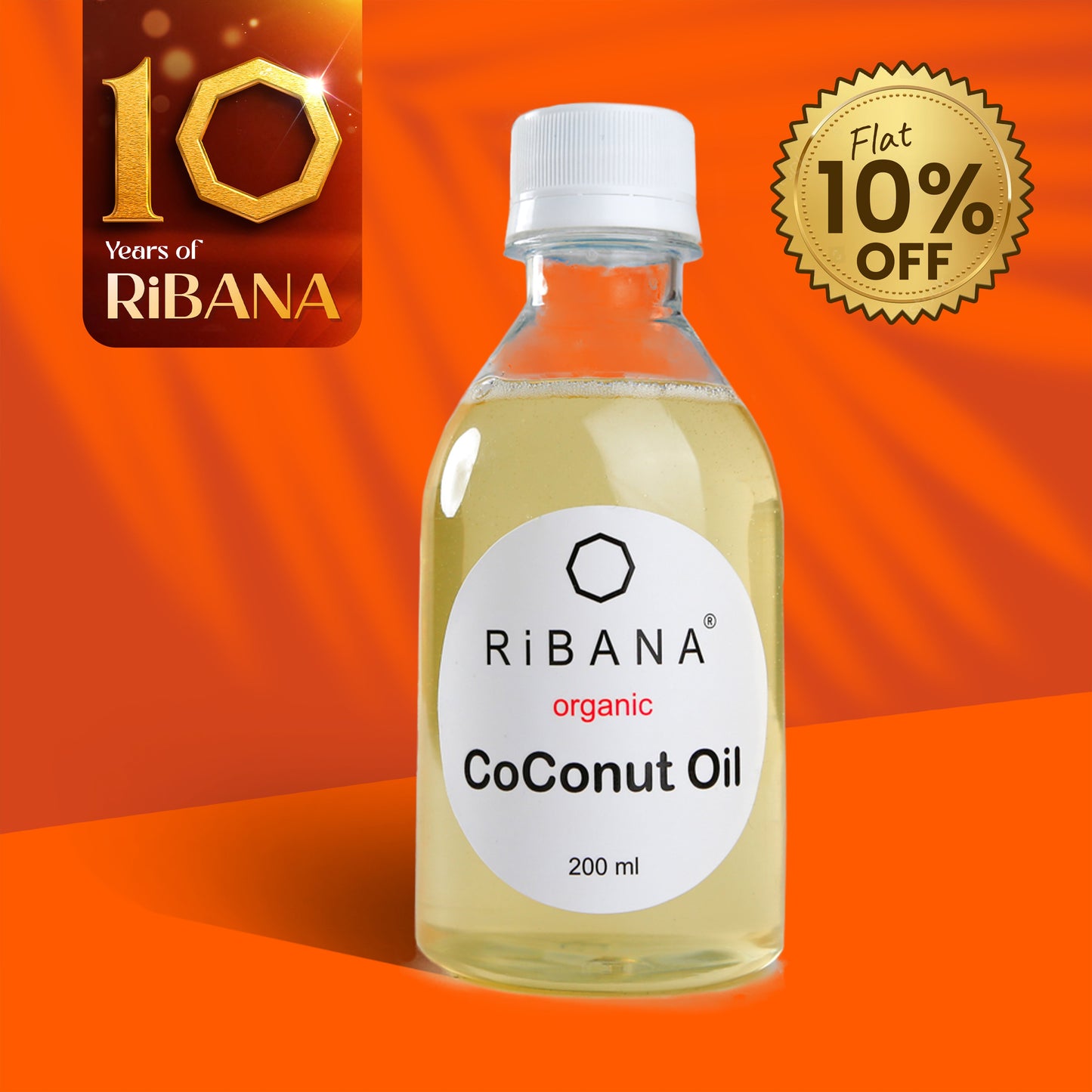 RiBANA Organic Cold Pressed Coconut Oil 200ml bottle with 10% off badge on orange background
