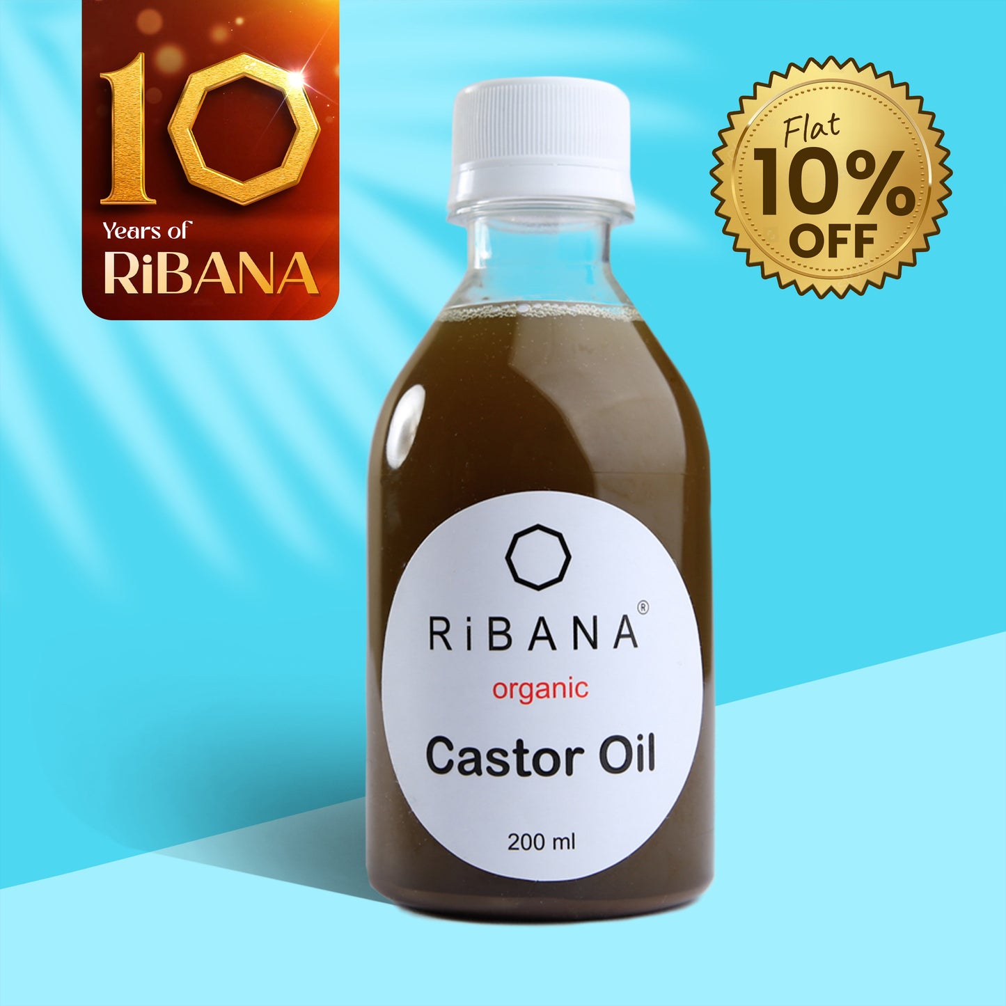 RiBANA Organic Castor Oil 200ml bottle for hair protection, hair fall control, and regrowth with 10% discount badge