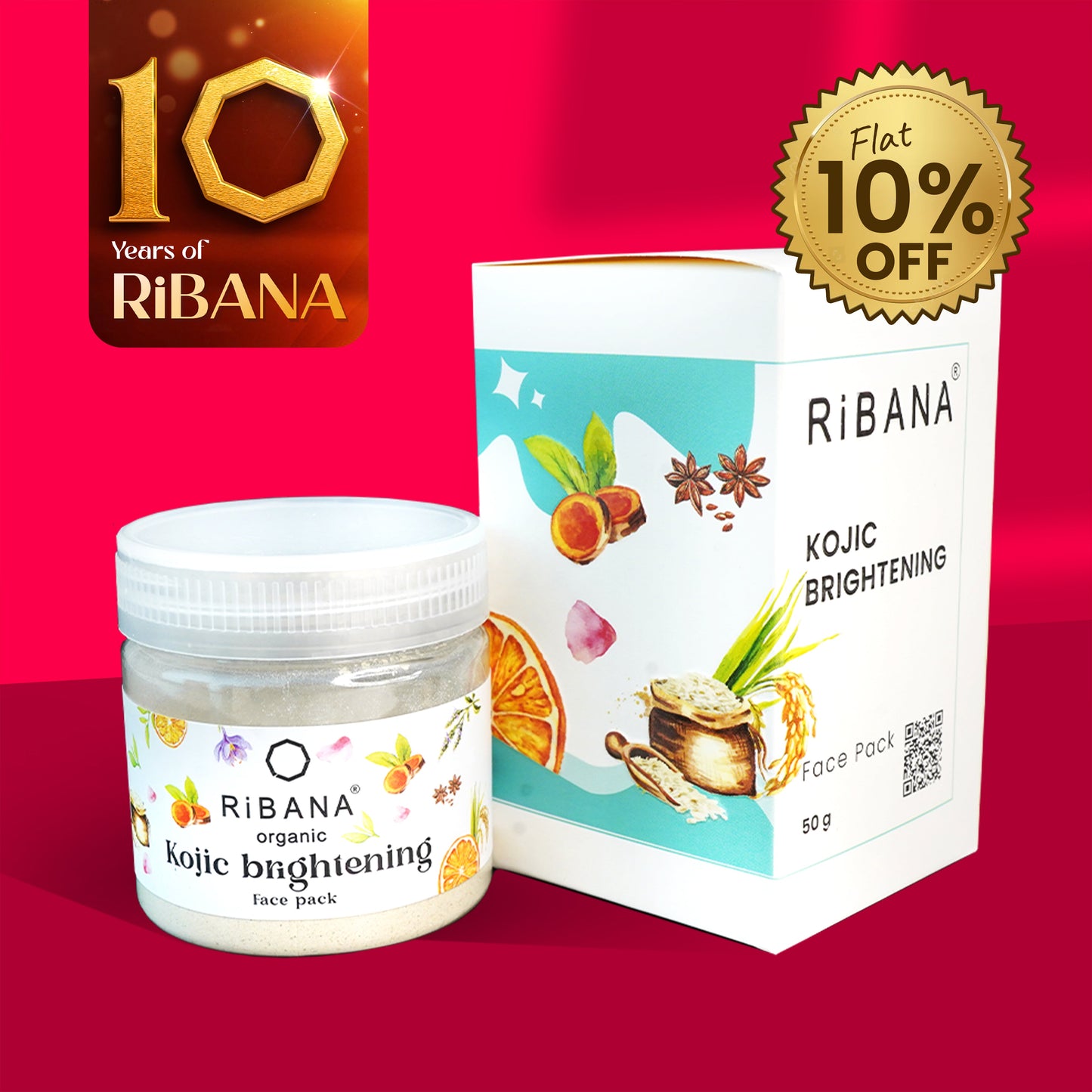 RiBANA Kojic Brightening Face Pack 50gm jar and box with natural ingredient graphics for skin brightening and sunburn removal
