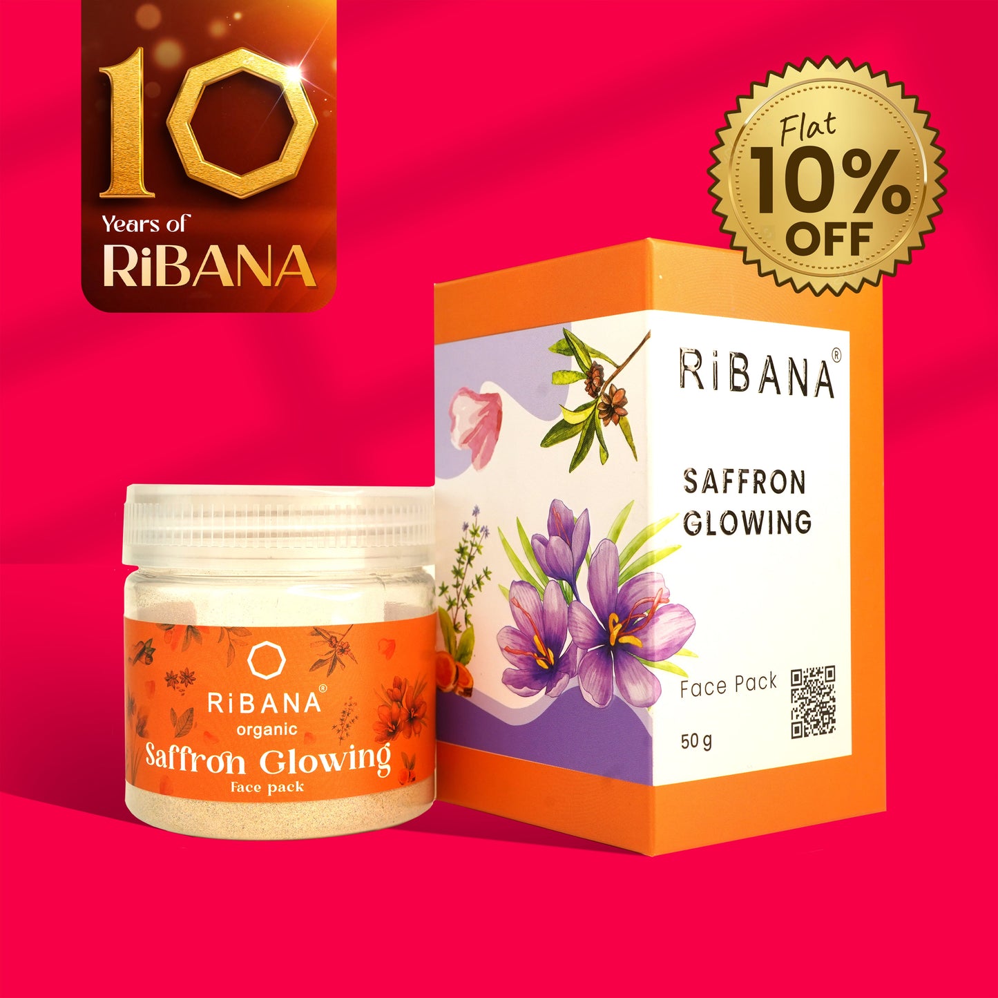 RiBANA Saffron Glowing Face Pack 50gm with natural ingredients for brightening skin and 10% discount badge