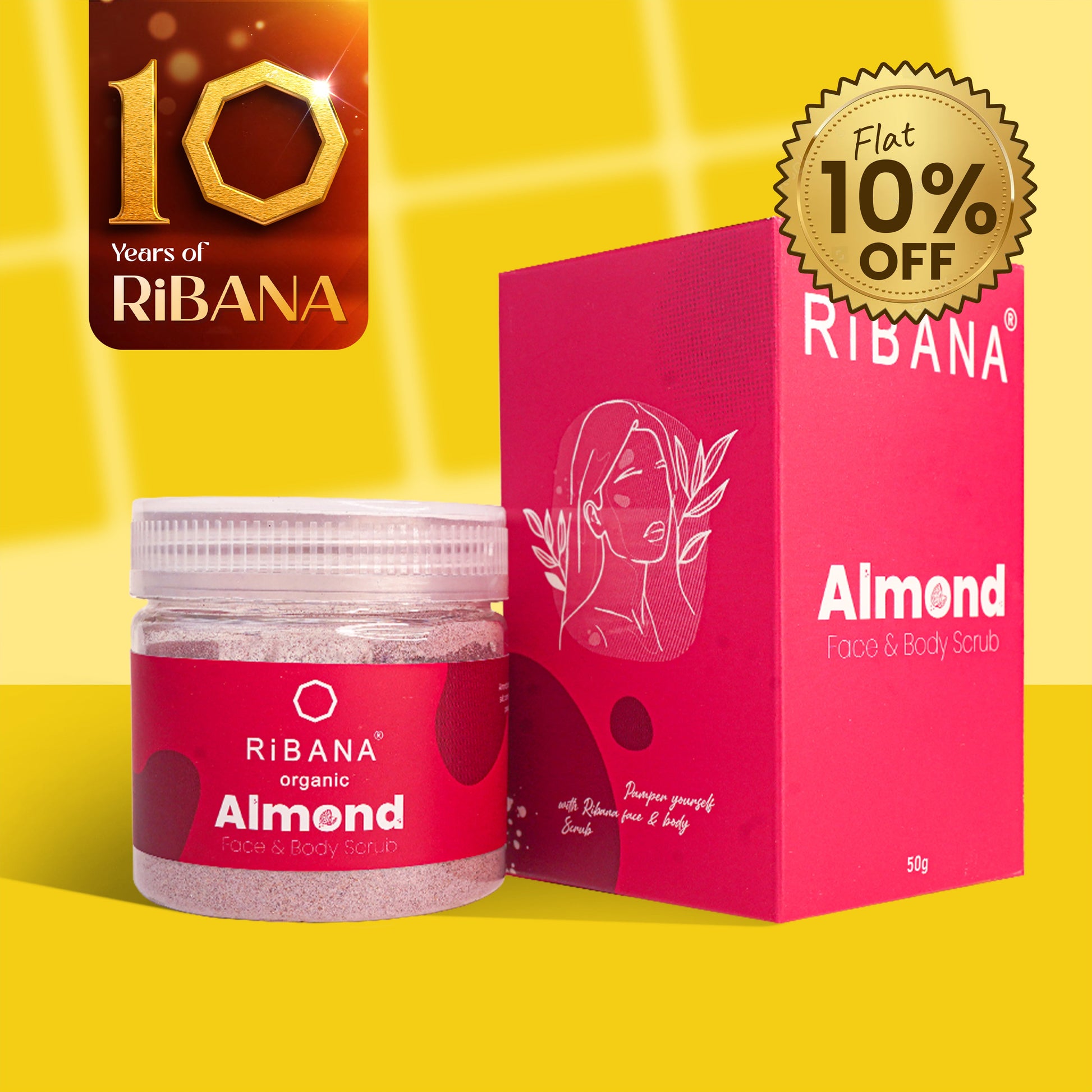 Ribana Almond Face and Body Scrub 50gm jar and box with 10% off badge on yellow background