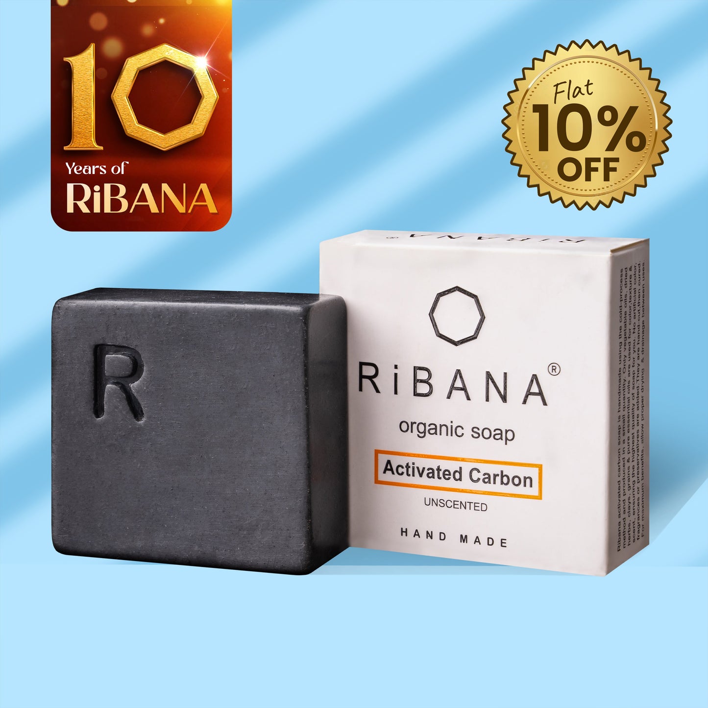 RiBANA Activated Carbon Soap 95gm with natural oils and Himalayan pink salt, organic and handmade for face and body use