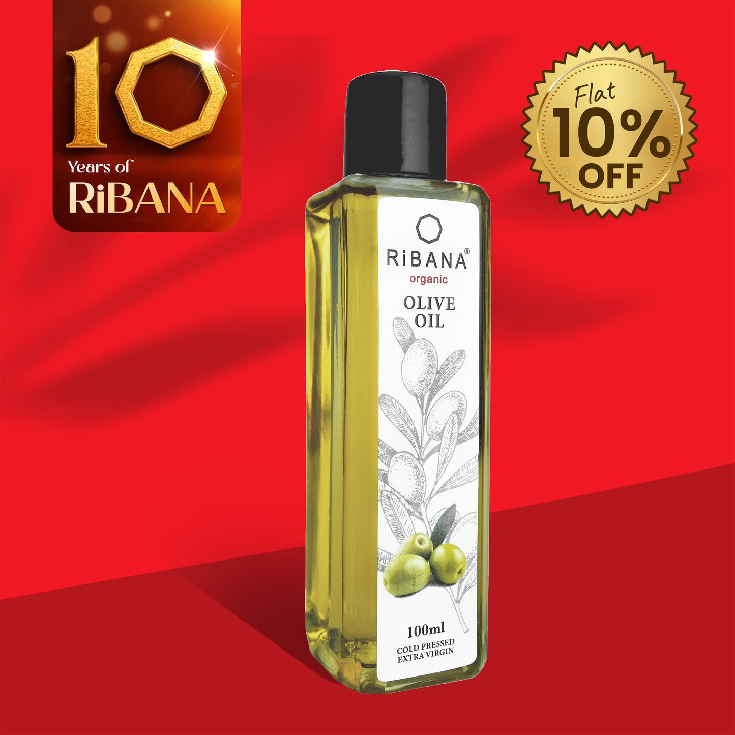 RiBANA Organic Olive Oil 100ml bottle for hair growth and skin moisturizing with 10% off label on red background