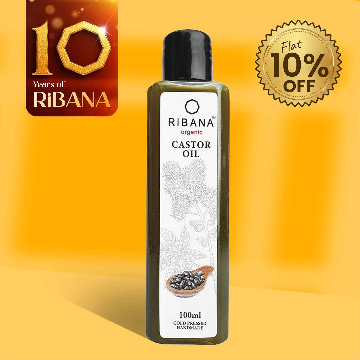 RiBANA Organic Castor Oil 100ml bottle for hair protection, reducing hair fall, and promoting hair regrowth with pure cold-pressed ingredients