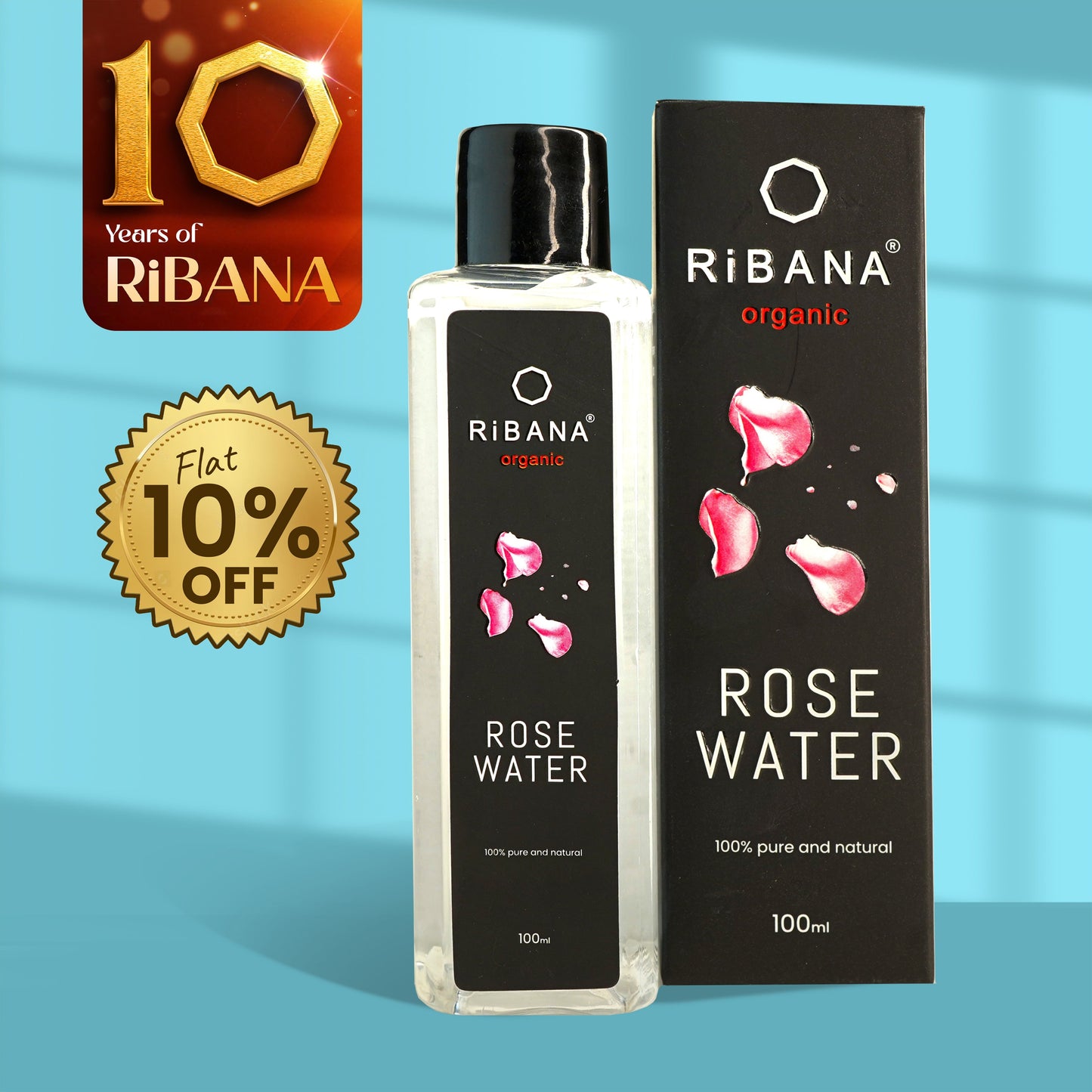 RiBANA Rose Water 100ml bottle and packaging with rose petals design and 10% off badge on blue background