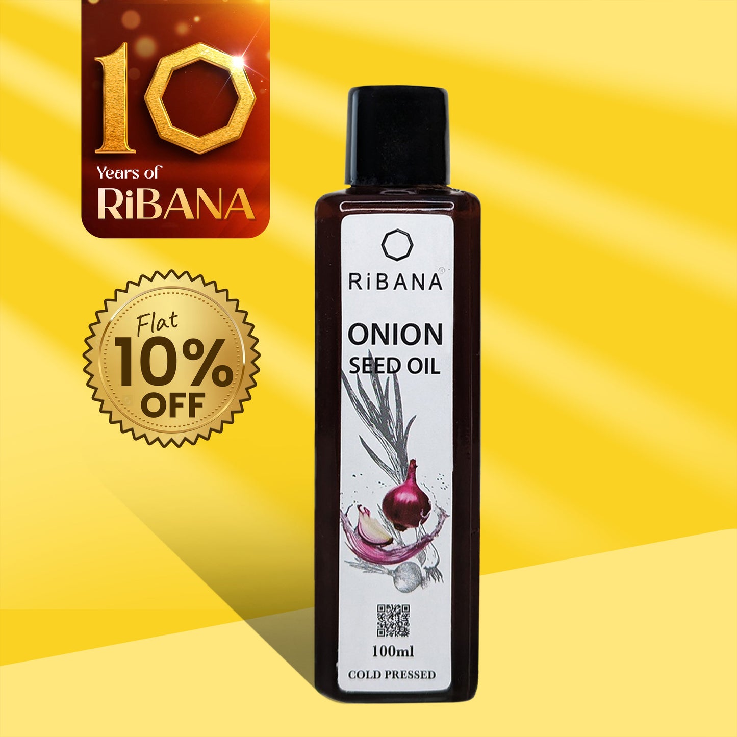 100ml bottle of Ribana cold-pressed onion seed oil for hair care with 10% discount badge on yellow background