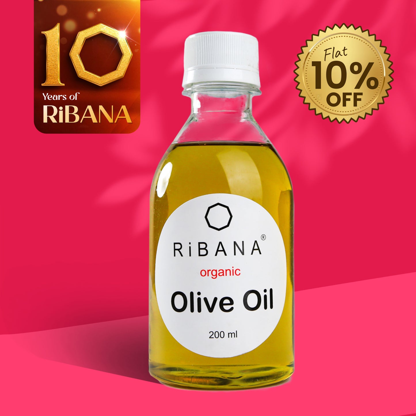 RiBANA Organic Olive Oil 200ml bottle for hair growth, skin moisturizer, and anti-aging with 10% discount badge