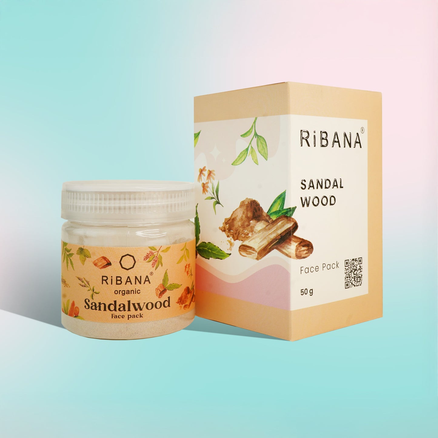 RiBANA Sandalwood Face Pack - 50gm with natural ingredients like sandalwood, wild turmeric, and neem for brightening and smoothing skin.