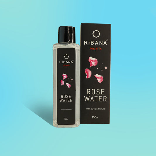 RiBANA Rose Water 100ml bottle with packaging, paraben free, natural skin pH maintenance.