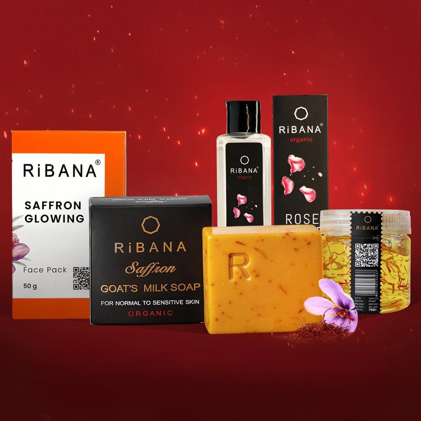 Ribana Saffron Glowing Combo with soap, face pack, brightening gel, and rose water.