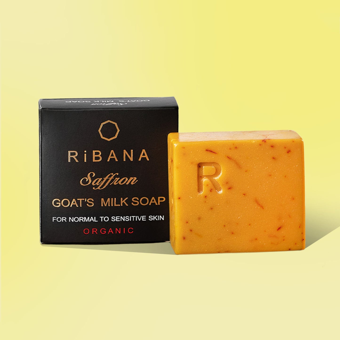Ribana Saffron Goat Milk Soap with packaging, made for normal to sensitive skin, organic.