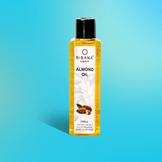 RiBANA Organic Almond Oil 100ml bottle for skin and hair care.