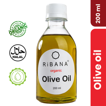 RiBANA Organic Olive Oil 200ml bottle; pure, extra-virgin, for hair growth, skin moisturizing, and dandruff treatment.