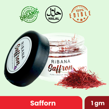 Saffron 1gm jar for food and skincare, promotes skin brightening and heart health.