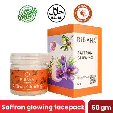 RiBANA Saffron Glowing Face Pack - 50gm, organic and halal, suitable for all skin types.