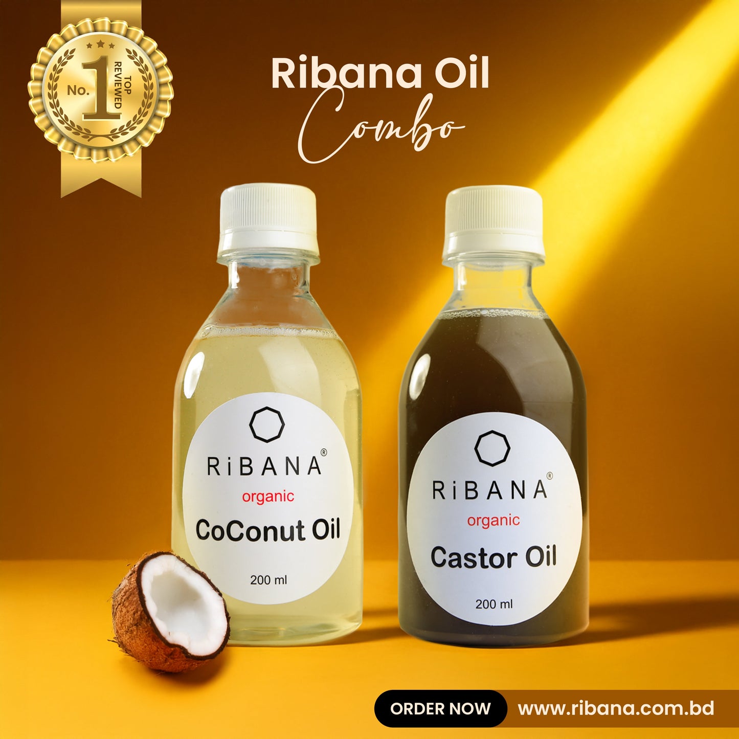 Ribana Oil Combo Set 3 with organic coconut and castor oils, 200ml bottles.