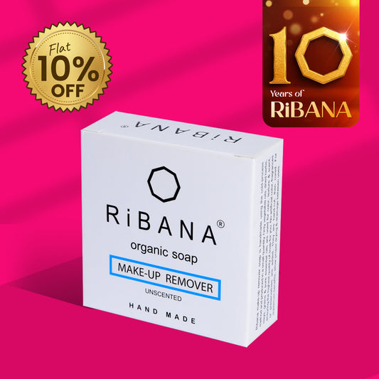 RiBANA organic makeup remover soap bar with natural oils and unscented formula, 95gm packaging with 10% discount label on pink background
