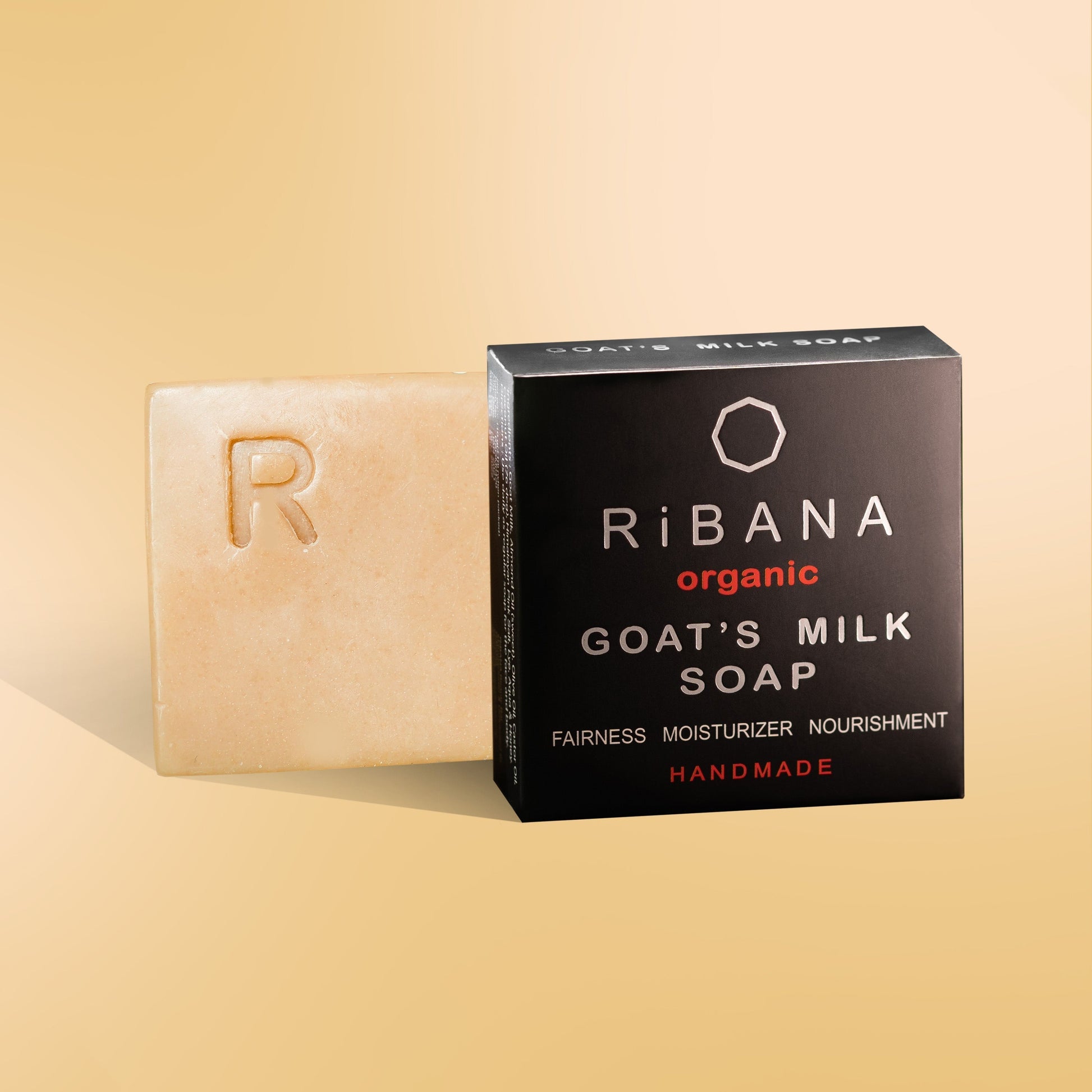 RiBANA Organic Goat's Milk Soap with almond, olive, castor, coconut oils; nourishing skincare, 110gm bar.