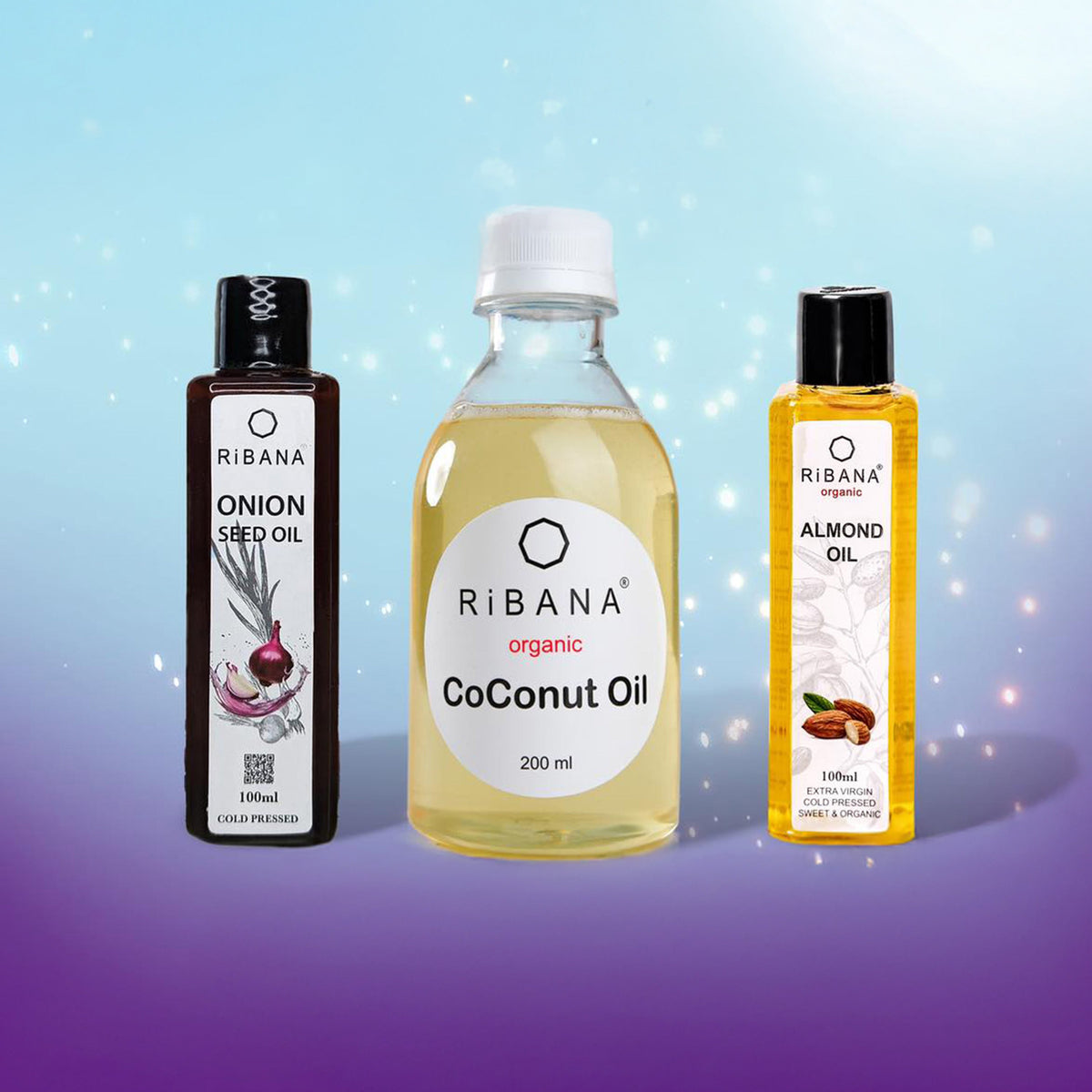 Ribana Oil Combo Set 2 with organic coconut, onion seed, and almond oils against a gradient background.