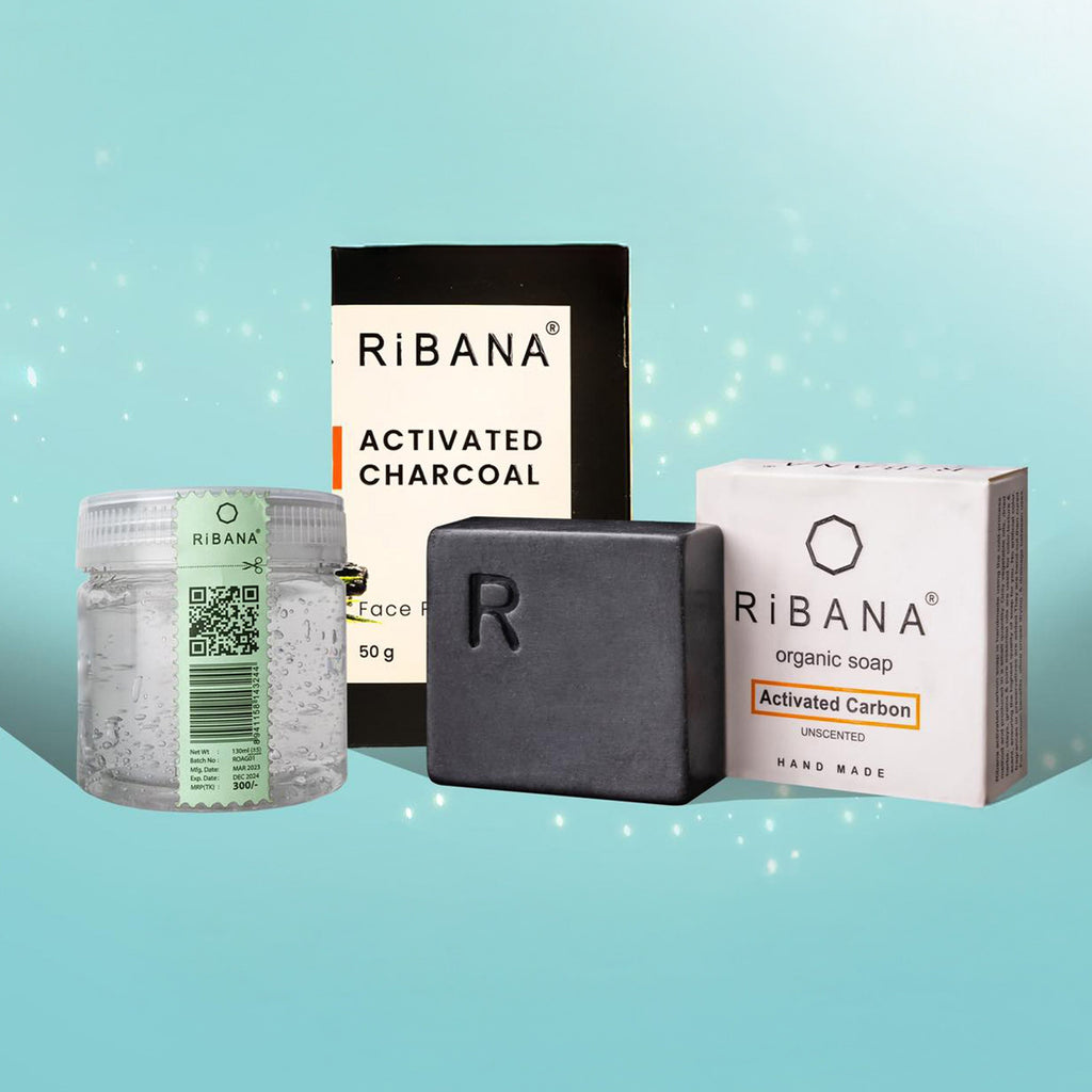 Ribana Acne Combo Set with activated carbon soap, charcoal face pack, and aloe vera gel on blue background.
