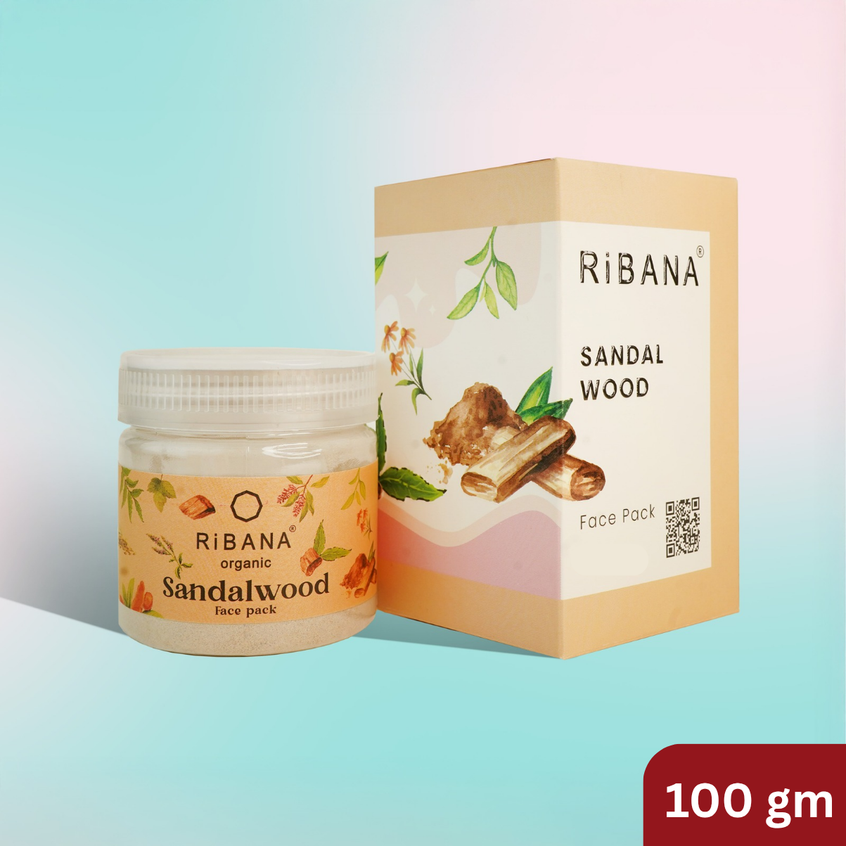 Ribana Sandalwood face pack jar and box on a gradient background